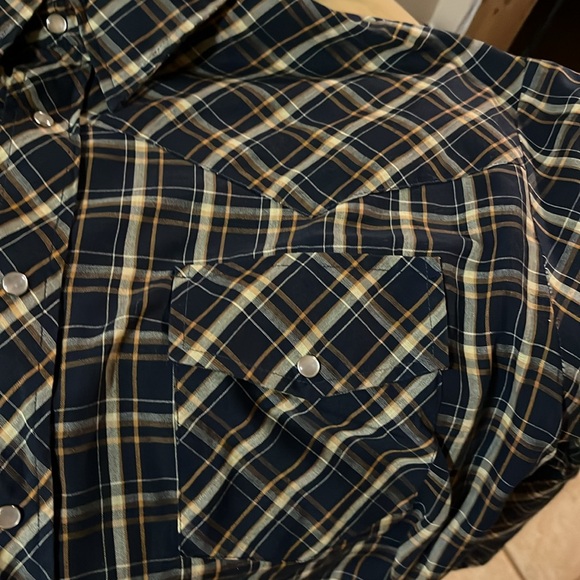 Christopher Rand dark plaid Western Shirt Blue Tan Rockabilly Pearl Snap up 1970 - Picture 11 of 11